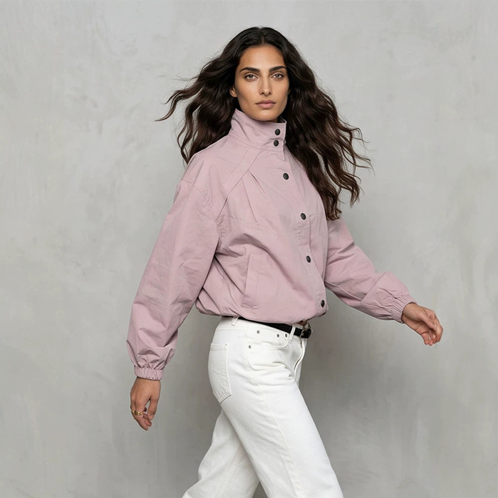 Ladies Short Boxy Bomber Jacket with Stand Collar and Snap Button Closure Chichicherry