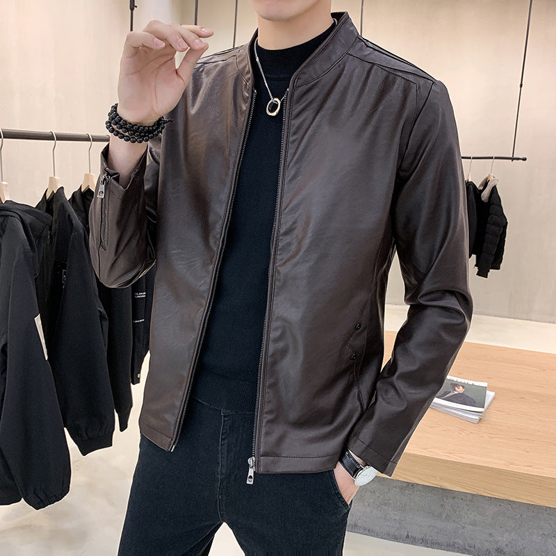 Men's Faux Leather Motorcycle Jacket with Teddy Lining and Stand-Up Collar Chichicherry