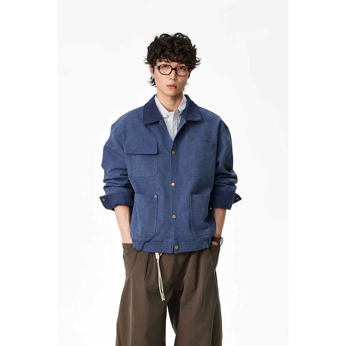Unisex Short Cut Canvas Field Jacket with Cord Collar and Four Patch Pockets Chichicherry