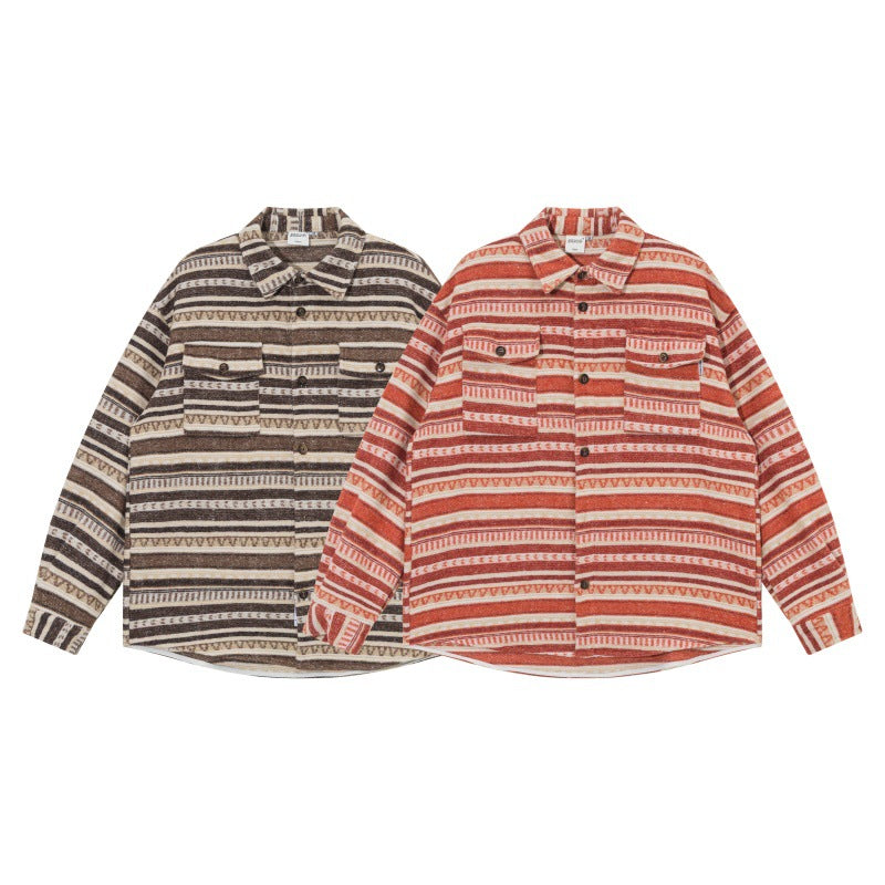 Unisex Oversize Knit Shirt Jacket in Ethnic Stripe Pattern with Flap Pockets Chichicherry