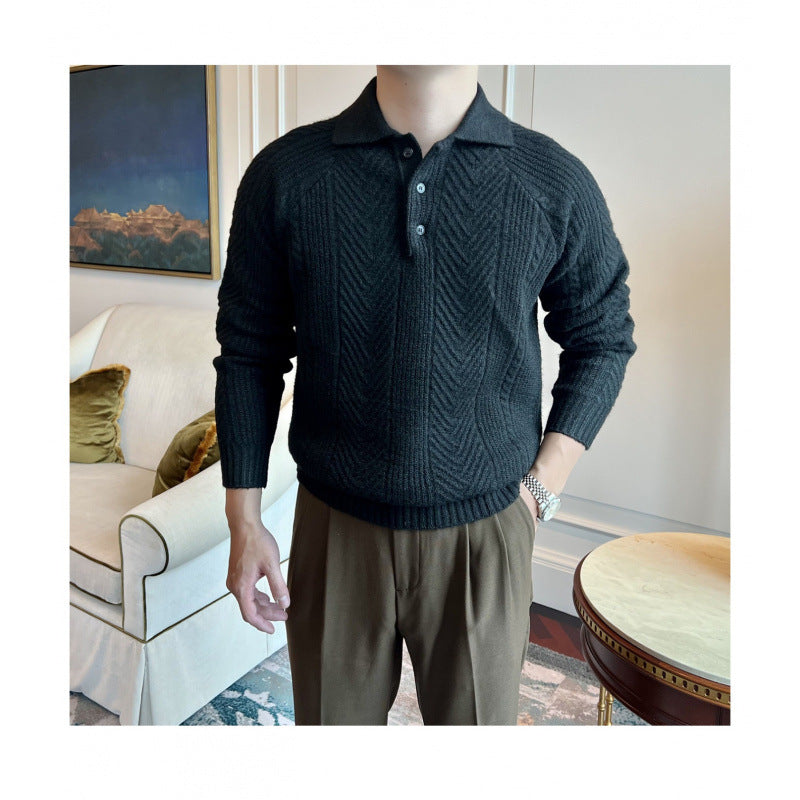 Herren Polokragen-Zopfstrick-Pullover mit halber Knopfleiste Chichicherry