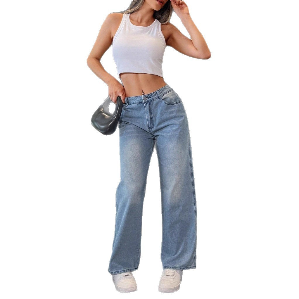 Women's wide baggy jeans in vintage wash look with low rise Chichicherry