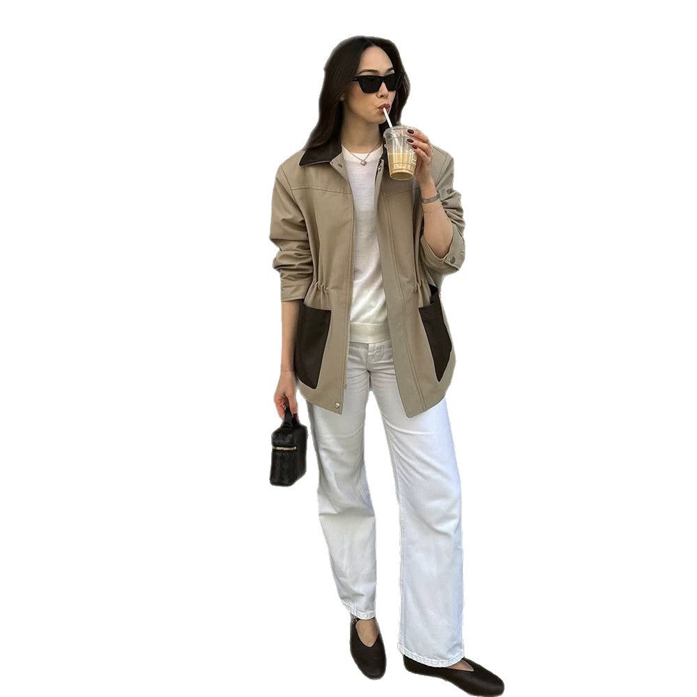 Women Boxy Field Jacket with contrast collar in leather look and appliqued pockets Chichicherry