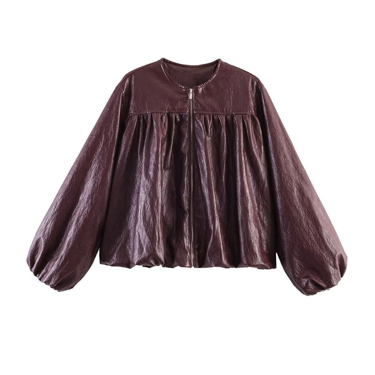 Women's short jacket with ruched yoke, round neck and balloon sleeves Chichicherry