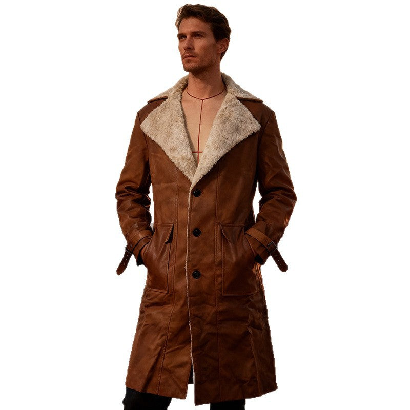 Men's Long Vintage Faux Leather Coat with Teddy Lining and Adjustable Buckle Cuffs Chichicherry