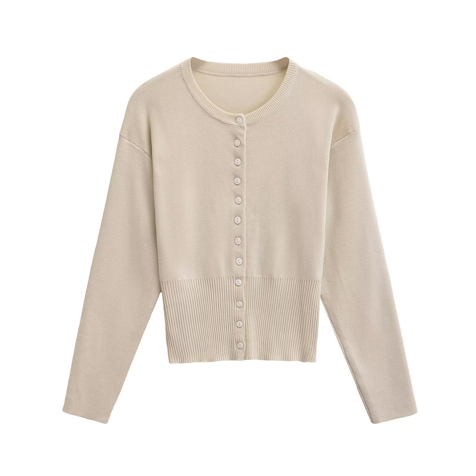 Women's Short Fine Knit Cardigan with Tailored Ribbed Waistband and Continuous Button Placket Chichicherry