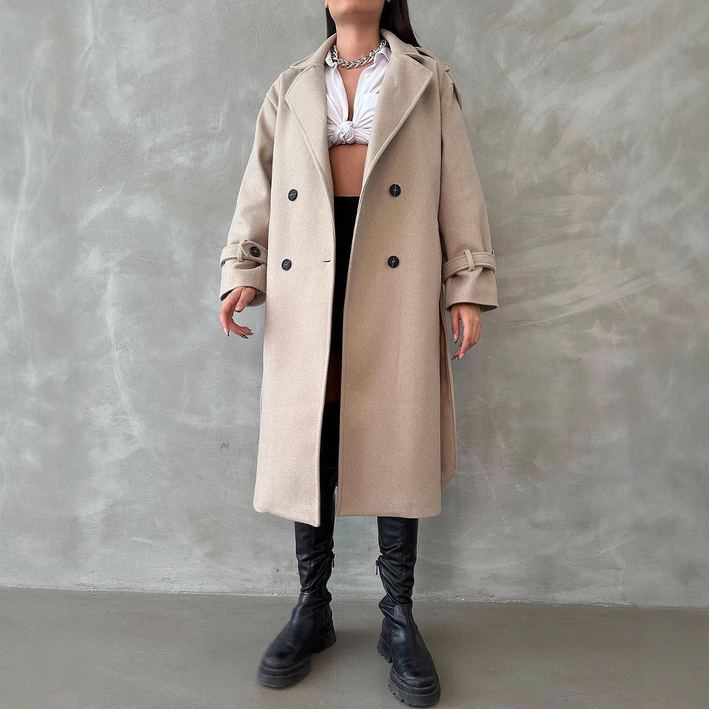 Damen Oversize Wollmix-Mantel mit doppelreihiger Knopfleiste und Taillengürtel Chichicherry