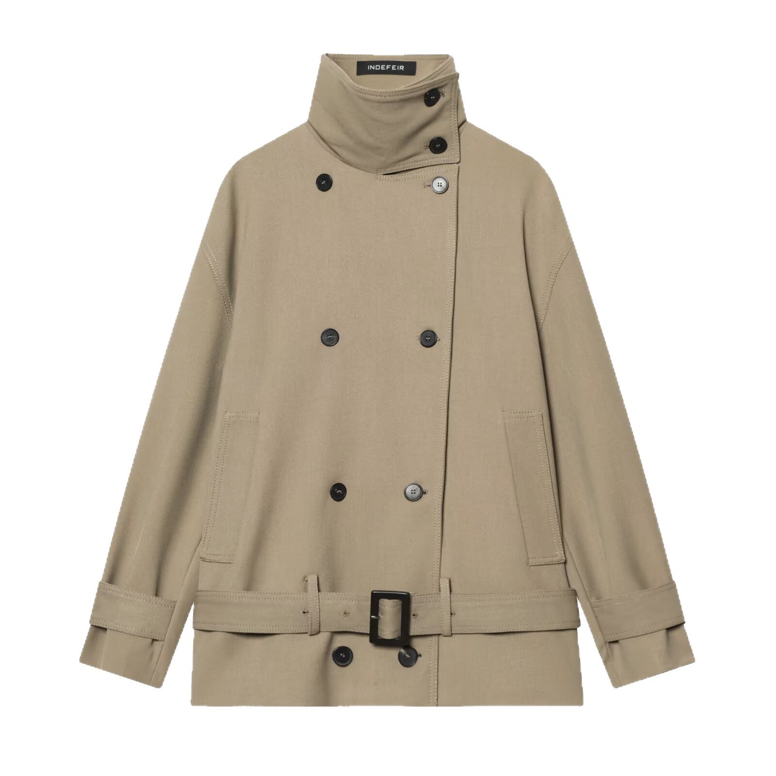 Women's short trench coat with double-breasted button placket, waist belt, and high standing collar Chichicherry