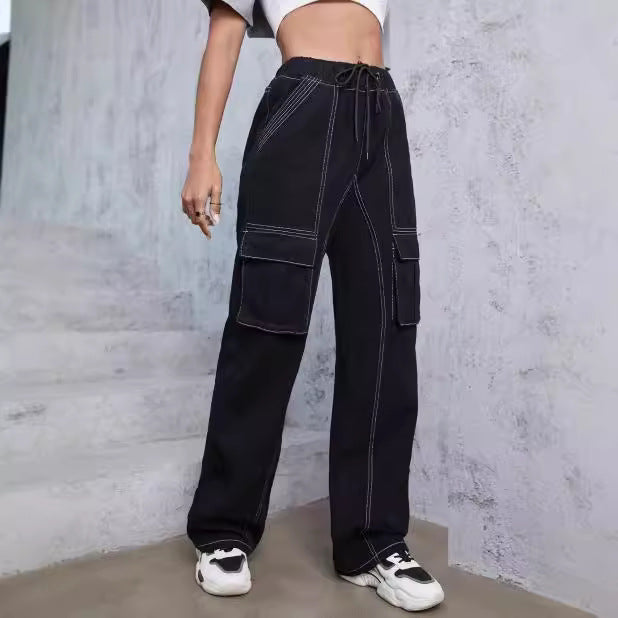 Women’s utilitarian denim cargo pants with contrast stitching and drawstring Chichicherry