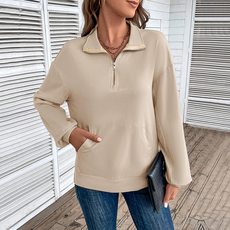 Women's Lightweight Half-Zip Sweatshirt in Relaxed Fit with Kangaroo Pocket and Stand-Up Collar Chichicherry