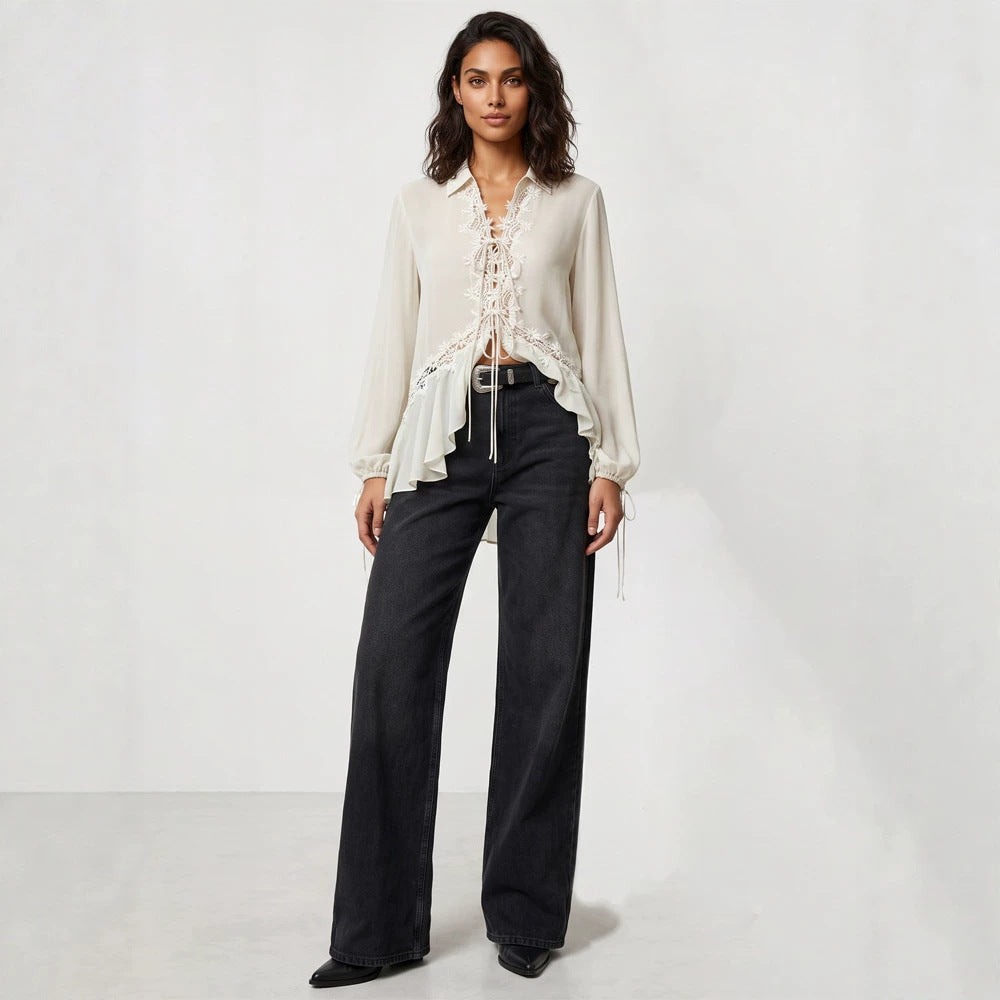 Women Transparent Chiffon Blouse with Lace Trim, Tie Band & Asymmetrical Ruffle Hem Chichicherry