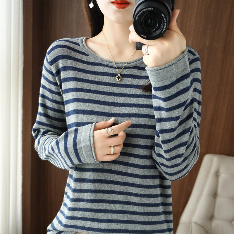 Women’s maritime inspired cotton fine knit pullover with stripes and slightly boxy silhouette Chichicherry