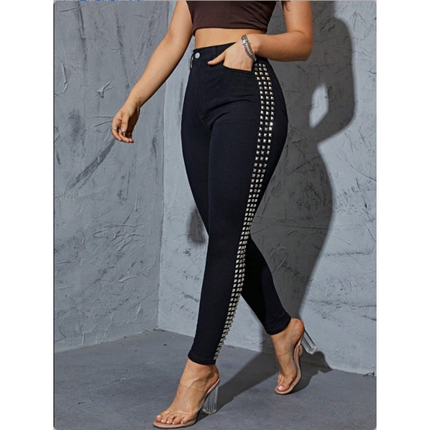 Women High-Waisted Skinny Jeans Leggings with Side Studded Band and Sculpting Effect Chichicherry