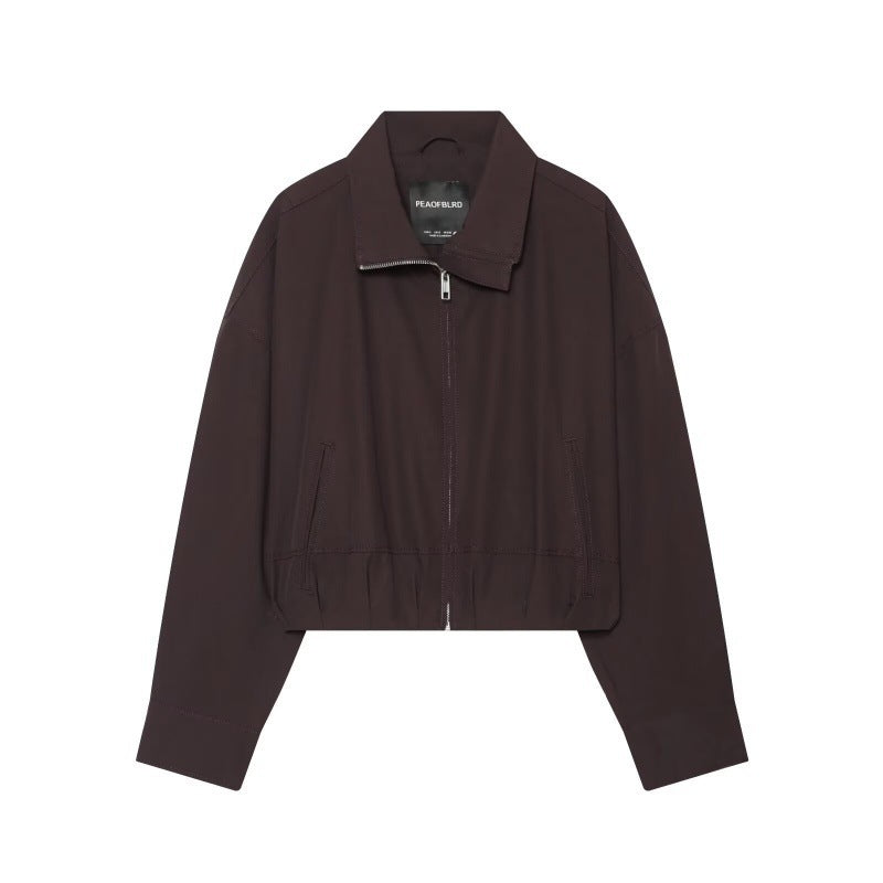 Women Cropped Boxy Jacket with Zipper, Stand-Up Collar and Elastic Hem Chichicherry