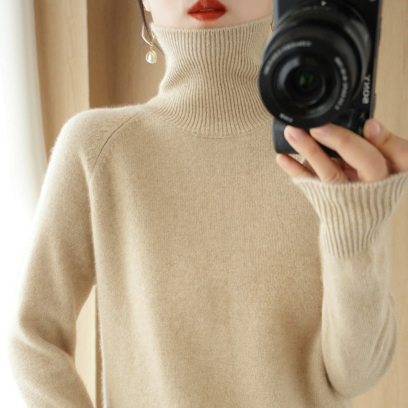 Women's Luxury Fine Knit Turtleneck Sweater with Thumb Hole Cuffs and Feminine Shoulder Yoke Chichicherry