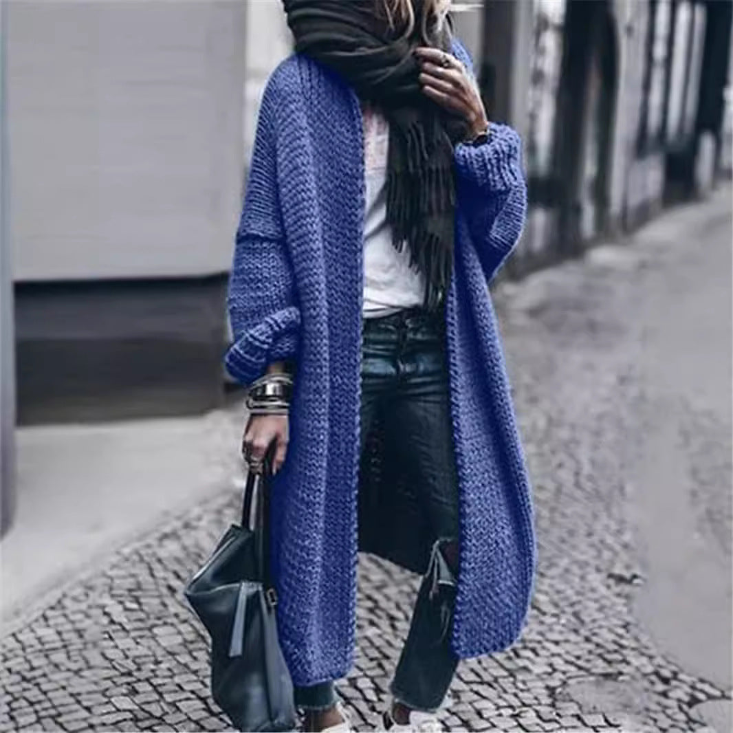 Women's Long Chunky Knit Mantle Cardigan with Drop Shoulder and Open Front Chichicherry