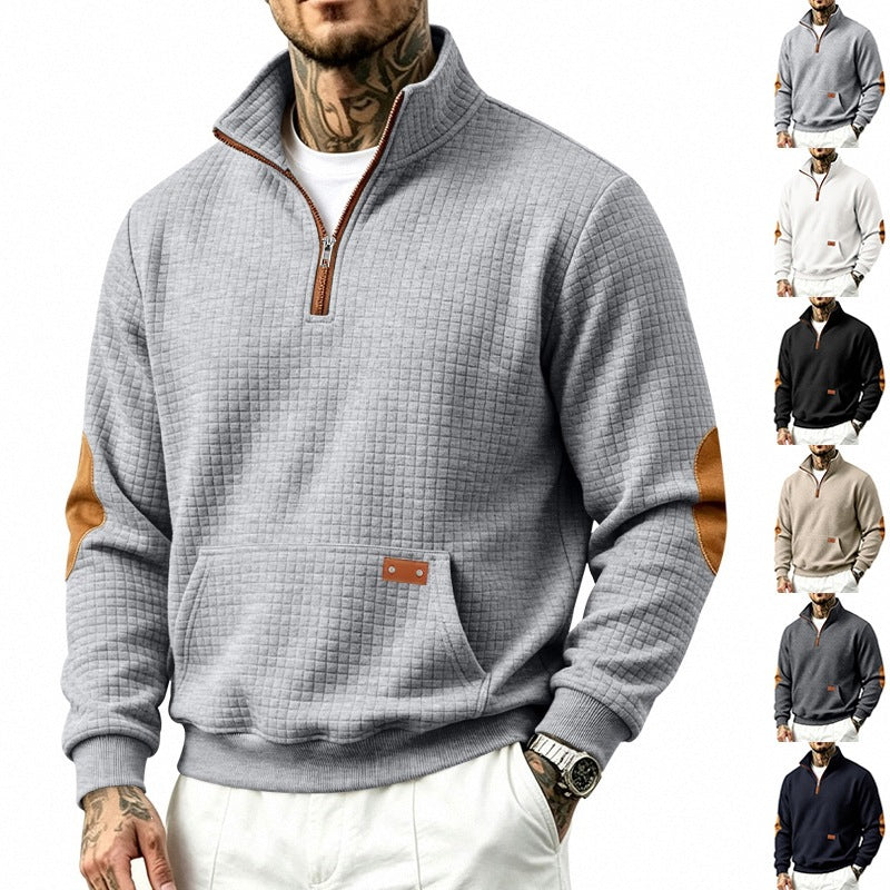 Men's waffle texture fleece pullover with stand-up collar, kangaroo pocket and contrast trim Chichicherry