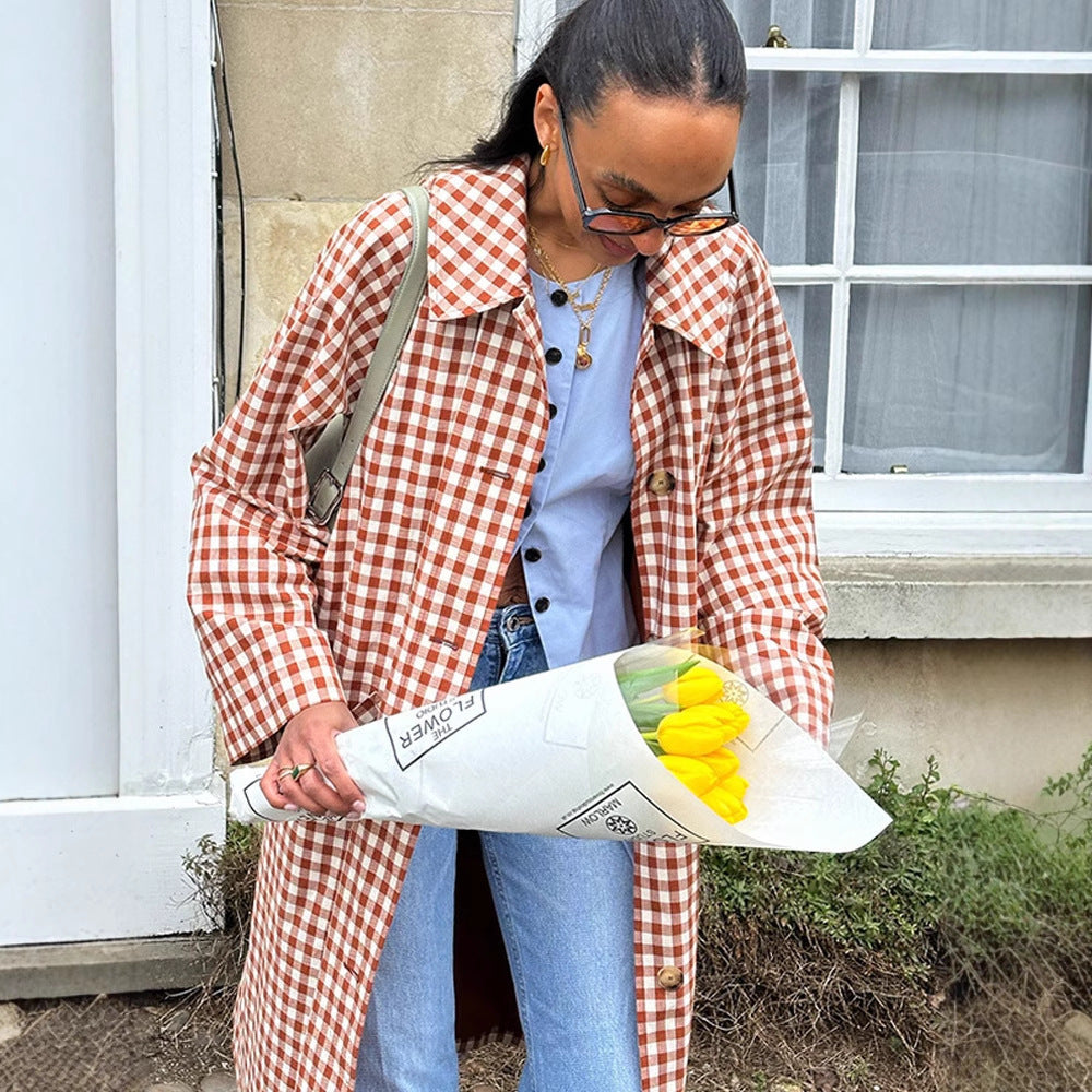 Women's Checkered Trench Coat Mid-Length with Button Placket and Contrast-Lined Cuffs Chichicherry