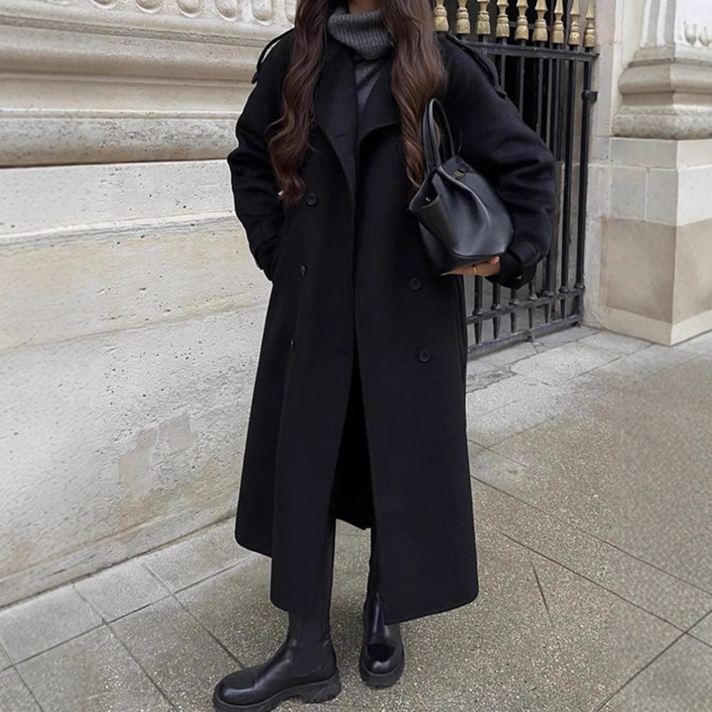 Women's Long Wool Blend Coat with Wide Lapels, Epaulettes and Adjustable Sleeve Straps Chichicherry