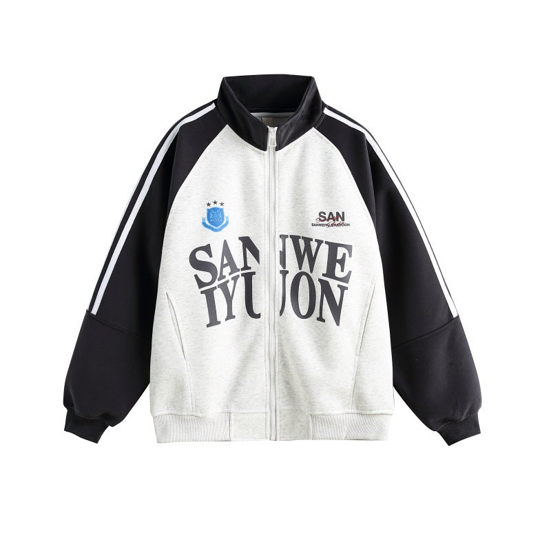 Unisex Oversize College Track Jacket with Stand-up Collar and Raglan Sleeves Chichicherry