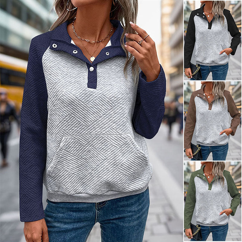 Women's quilted sweatshirt with Henley button placket, kangaroo pocket, and contrasting raglan sleeves Chichicherry