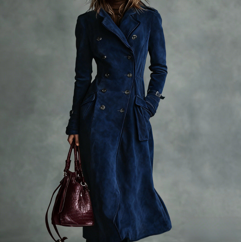 Women Longer Tailored Trench Coat in Suede Look with Double-Breasted Button Placket and Buckle Cuffs Chichicherry