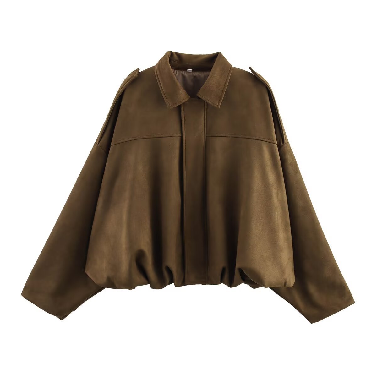 Women short cut oversized suede jacket with shoulder flaps and elastic hem Chichicherry
