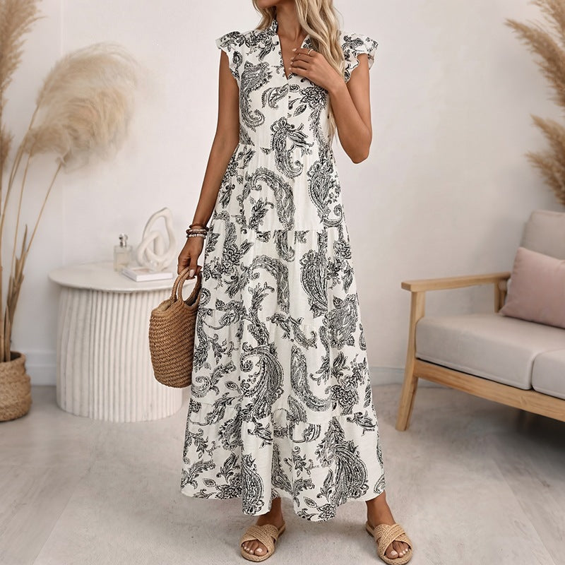 Women's maxi dress with paisley print, V-neck and tiered skirt Chichicherry
