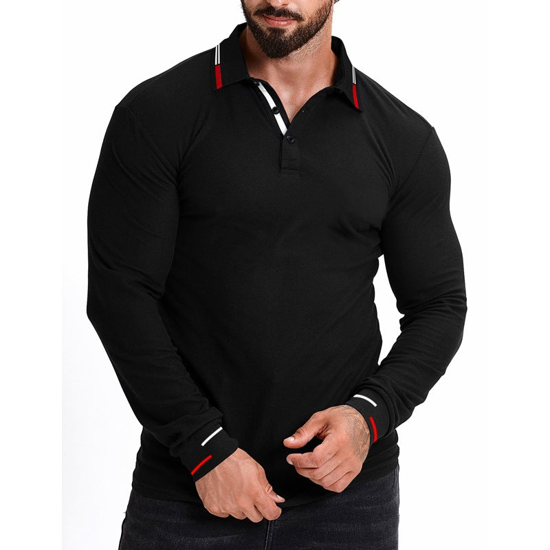 Men's Slim Fit Long Sleeve Polo Shirt with Contrast Stripes on Collar and Cuffs Chichicherry