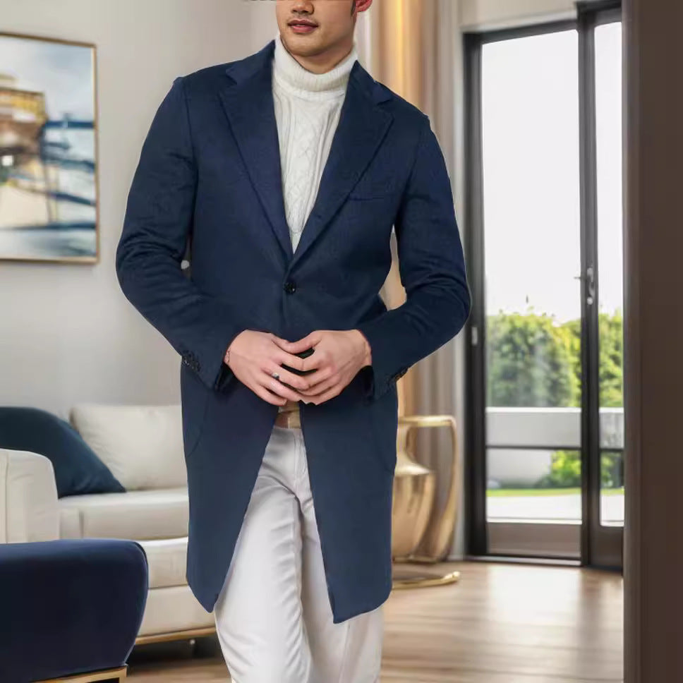 Men's Long Tailored Wool Blend Coat with Subtle One-Button Placket Chichicherry