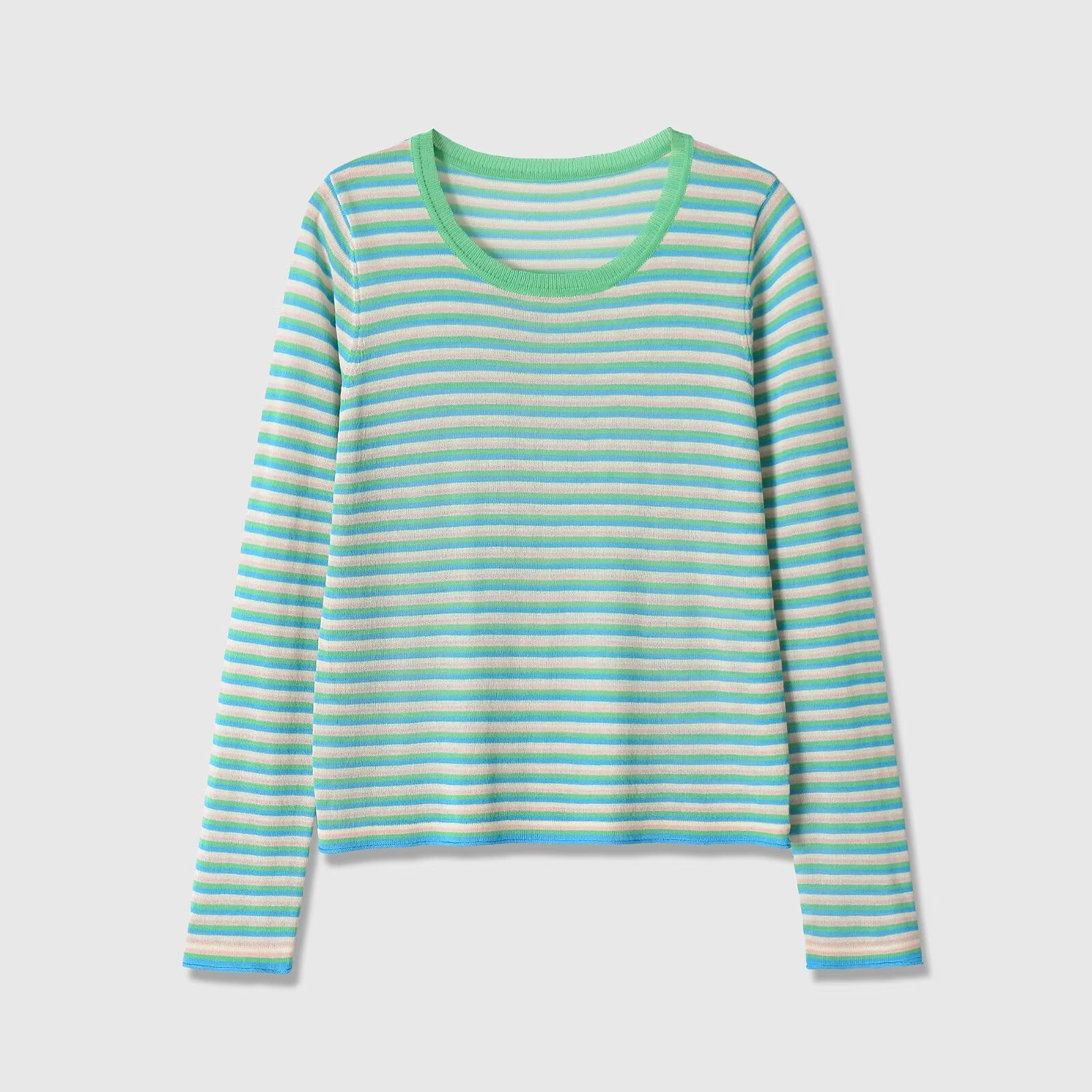 Women Striped Fine Knit Long Sleeve Shirt with Round Neckline and Figure Flattering Silhouette Chichicherry