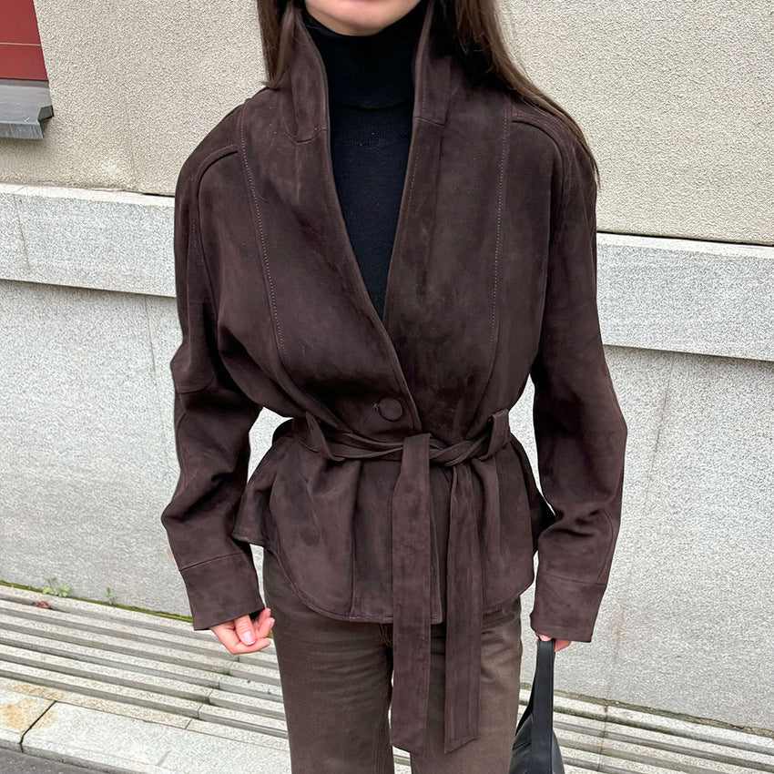 Women Velvet Leather Jacket with Shawl Collar and Tie Belt Chichicherry