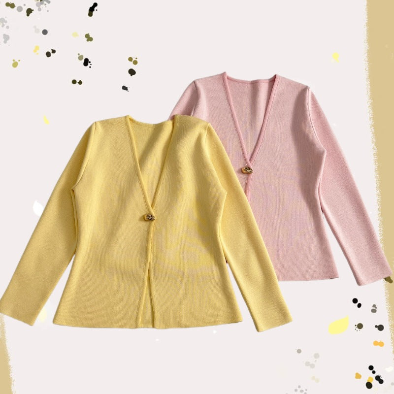 Ladies Fine V-Neck Cardigan with Decorative Button and Boxy Silhouette Chichicherry