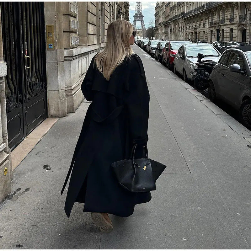 Women long oversized wool coat with wide lapels and belt Chichicherry