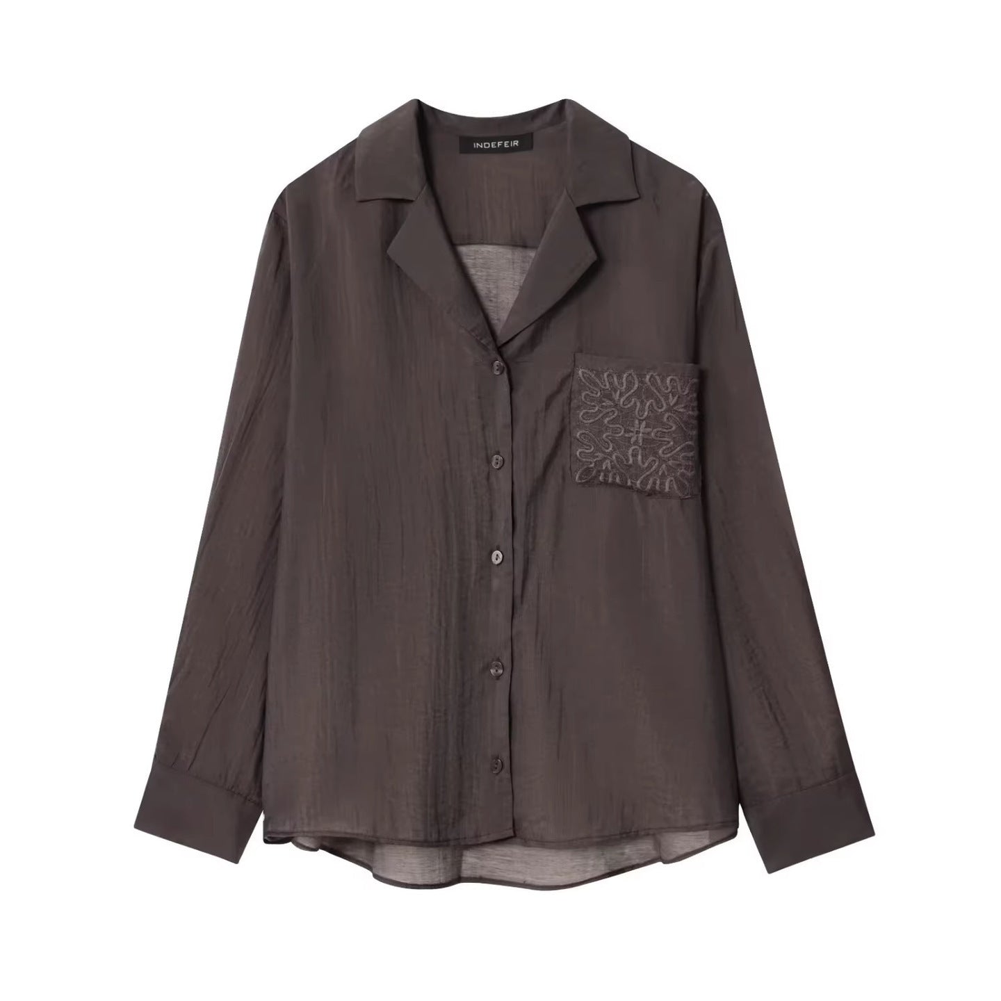 Women's Loose Satin Shirt with Notched Collar and Embroidered Chest Pocket Chichicherry