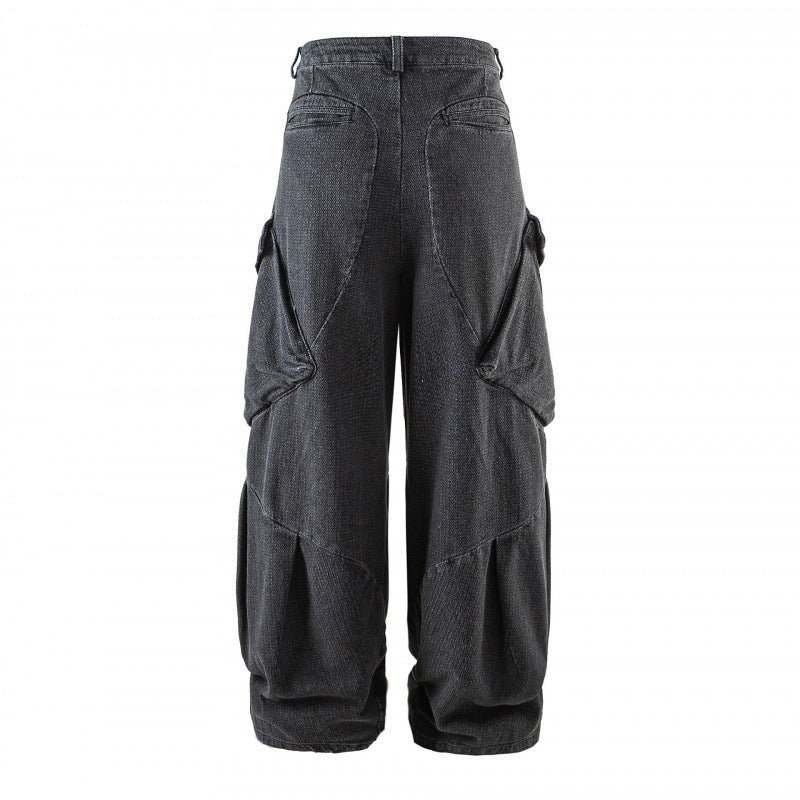 Unisex Wide Cargo Jeans with High Waist, Panel Seams and Flap Pockets Chichicherry