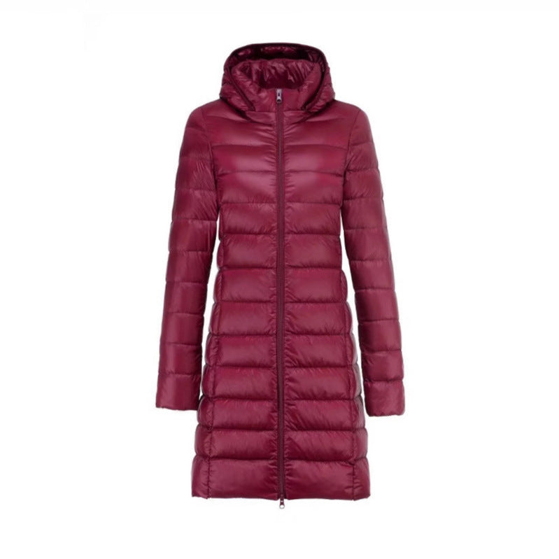 Women Long Cut Ultra-Light Thermal Parka with Contoured Silhouette and Hood Chichicherry