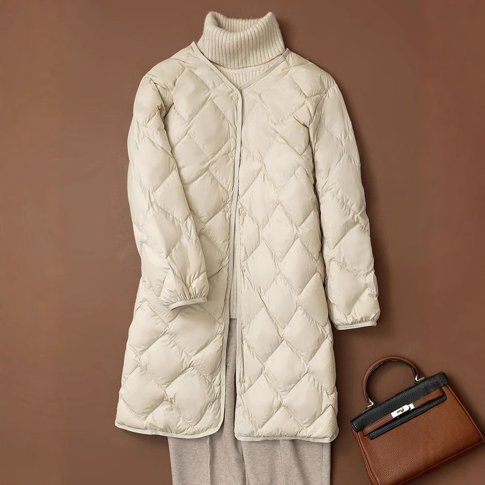 Women's Elegant Long Coat in Quilted Down Look with Diamond Quilting and Concealed Snap Button Placket Chichicherry
