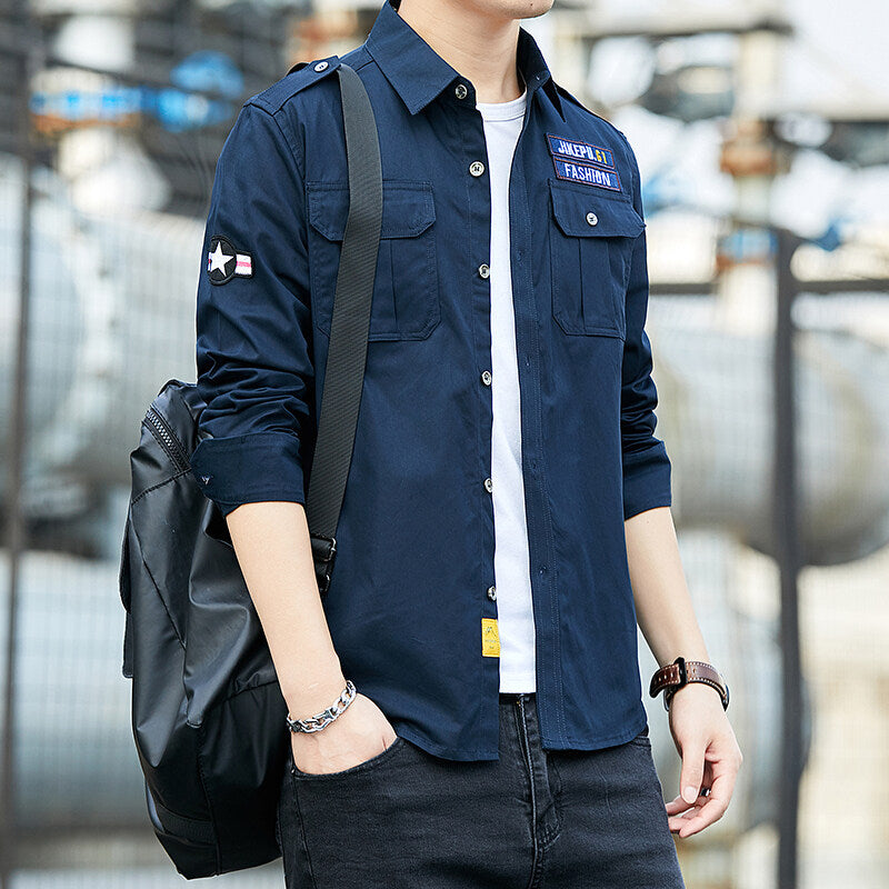 Men's utility shirt with chest flap pockets, shoulder patches, and embroidered patches Chichicherry