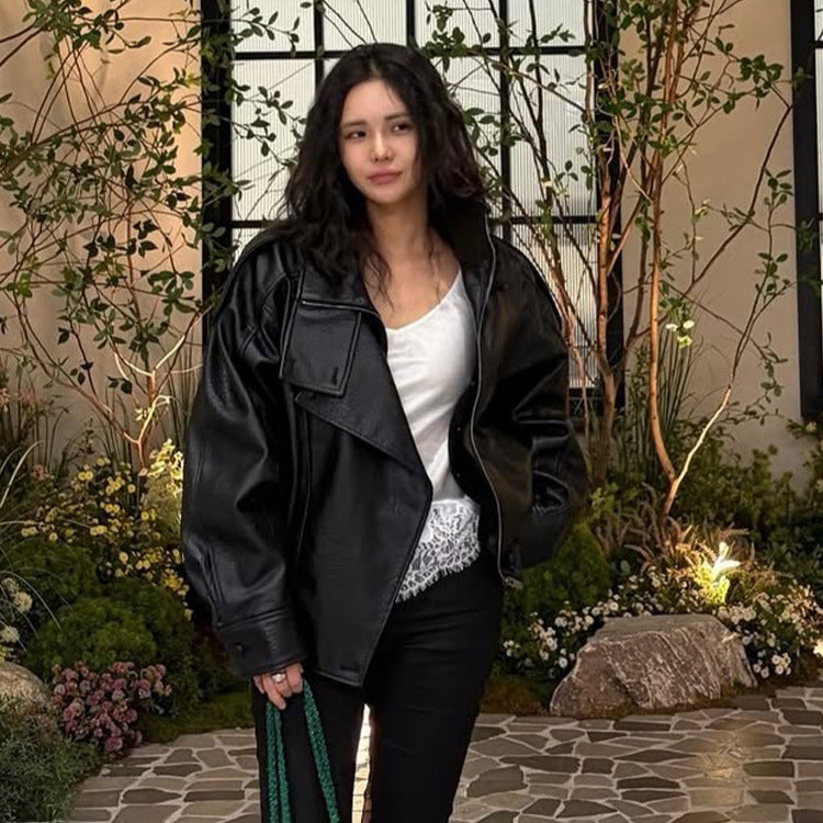 Women's Boxy Faux Leather Blouson with textured grain, double-breasted button placket & elastic hem Chichicherry