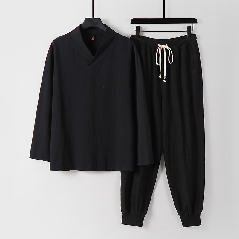 Men's Lightweight Kimono Loungewear Set Made of Cotton Blend with V-Neck and Elastic Cuff Pants Chichicherry