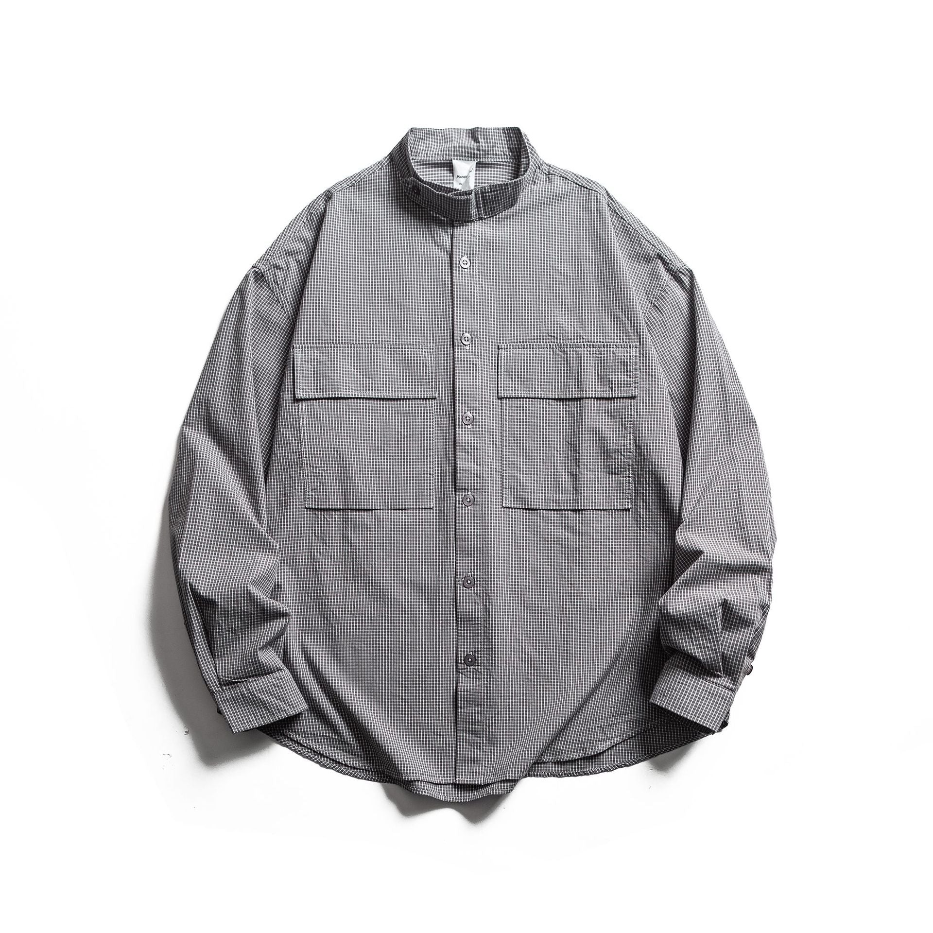 Men's Checkered Shirt Jacket with Stand-Up Collar and Patch Chest Pockets Chichicherry