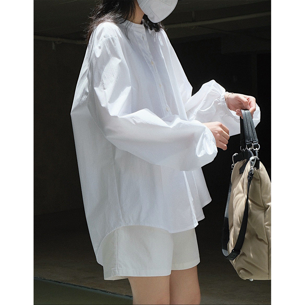 Women's Long Cut Poplin Tunic with Hidden Button Placket and Voluminous Balloon Sleeves Chichicherry