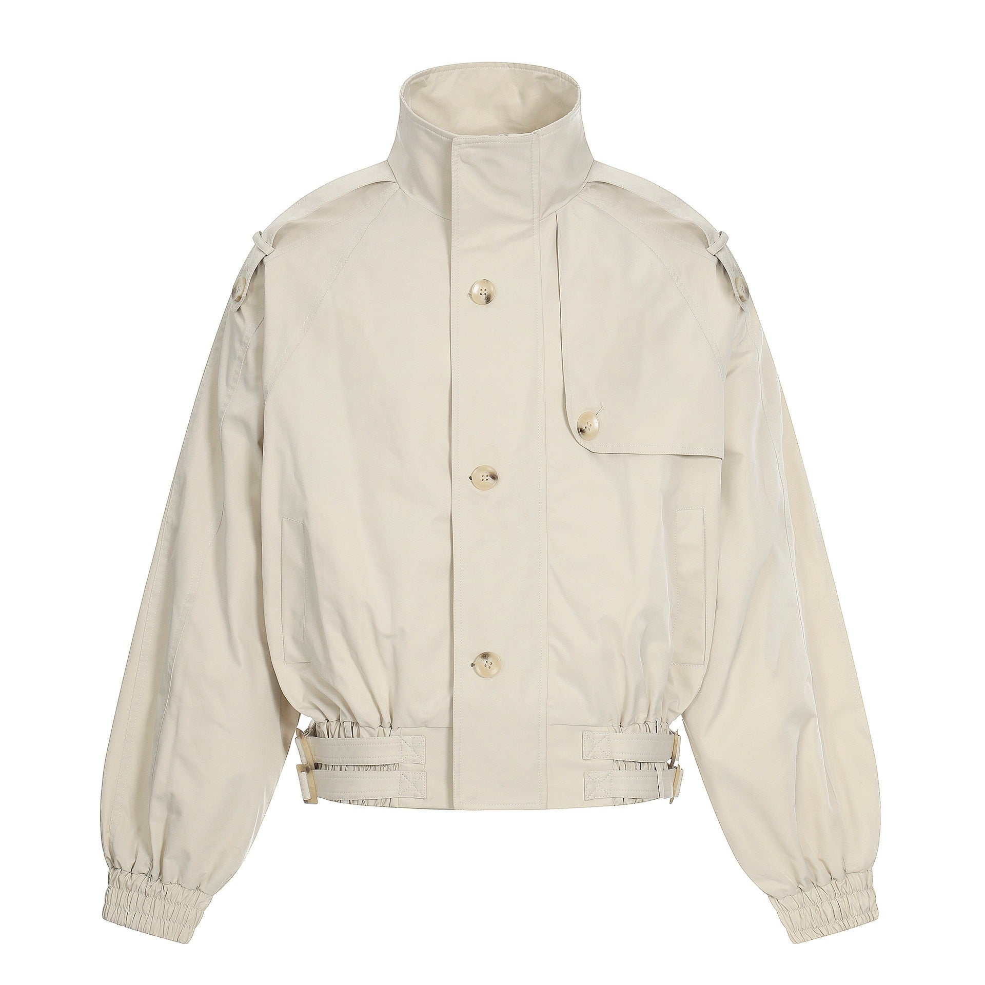 Women's short-cut boxy trench coat with high funnel collar, shoulder flaps, and adjustable waist belt Chichicherry