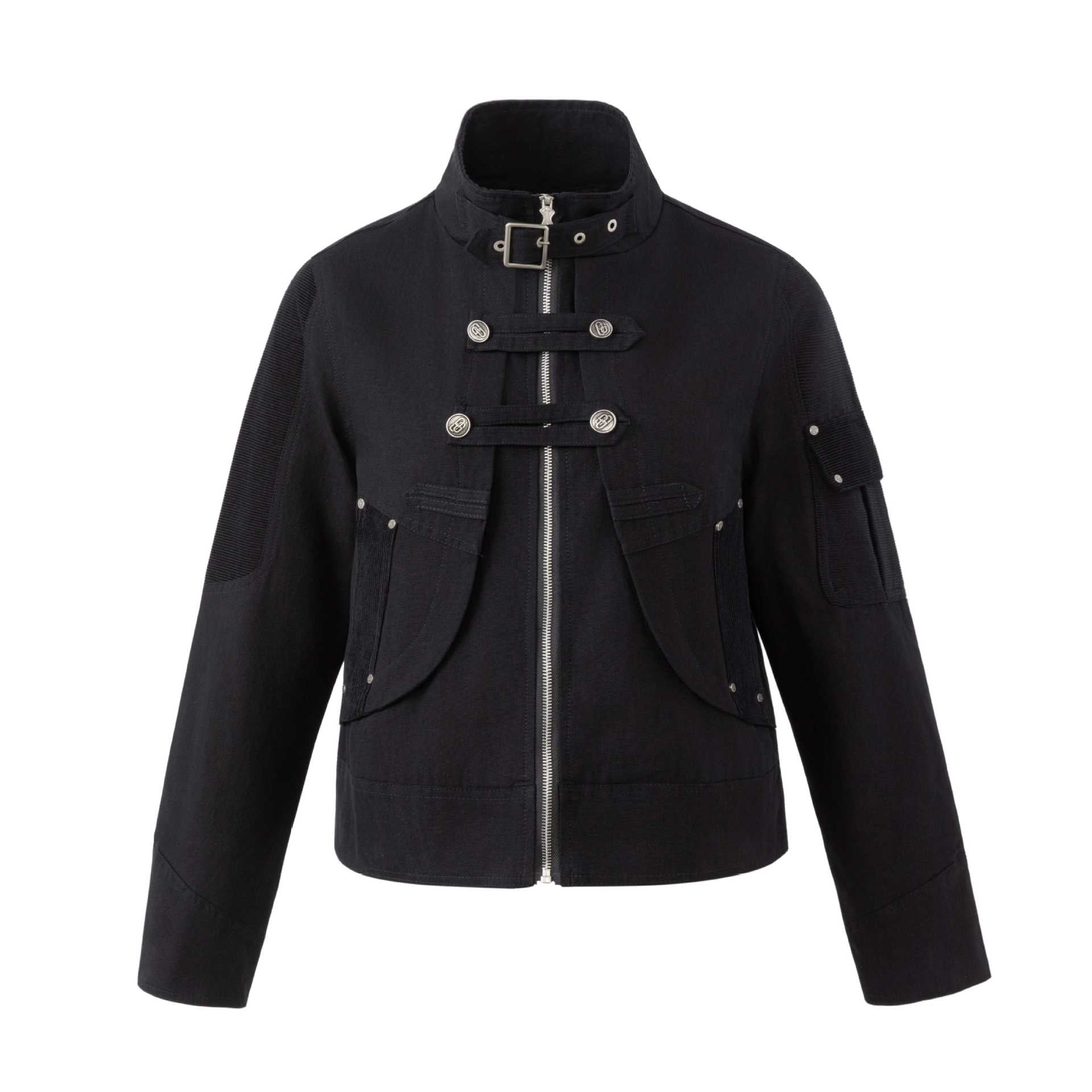 Men's military-inspired short jacket with stand-up collar, belt straps, and decorative flap pockets Chichicherry