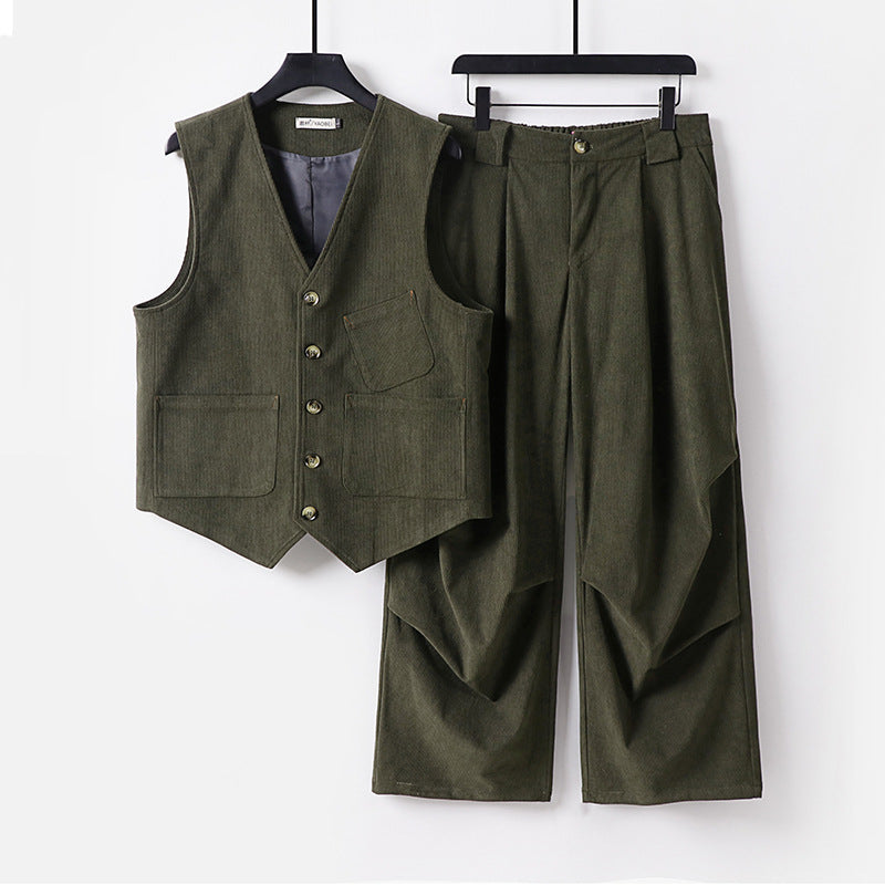 Men's Two-Piece Vest and Pleated Trousers Set in Modern Workwear Style Chichicherry