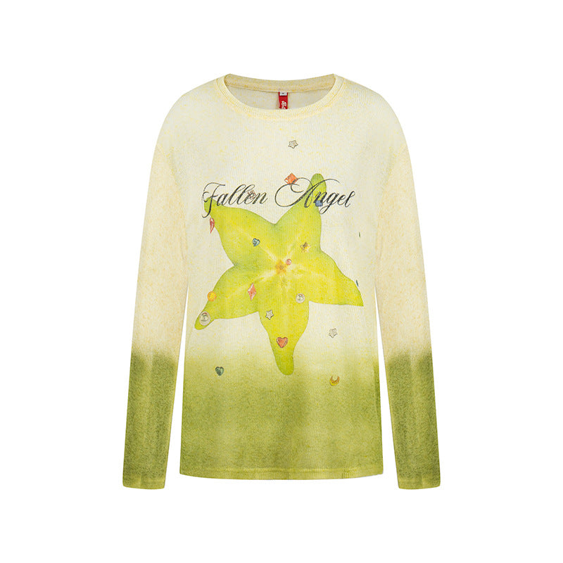Women's long-sleeve shirt made of soft fine knit with dip-dye gradient and star flower print Chichicherry