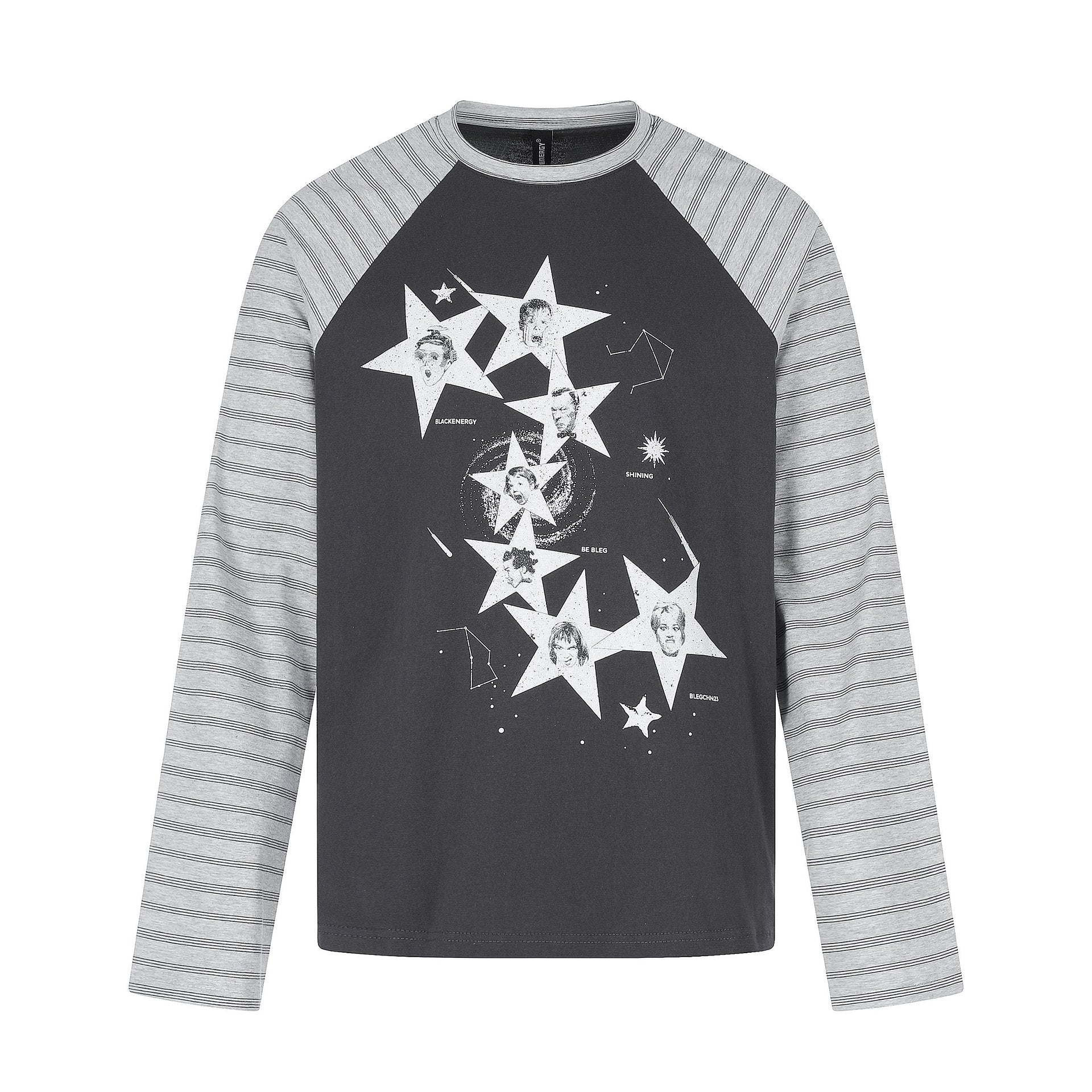 Men's long-sleeve shirt in raglan style with large star print and striped sleeves Chichicherry