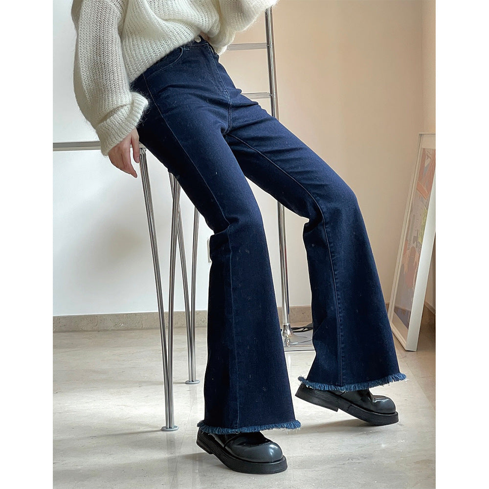Ladies High-Waist Flared Jeans with Light Bootcut and Frayed Hem Chichicherry