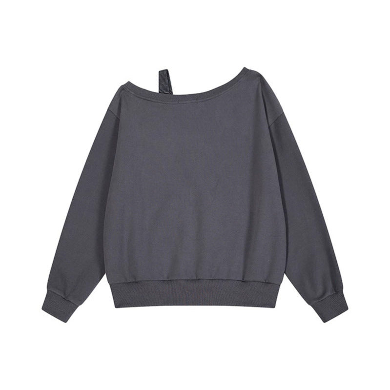 Women's Oversize Sweatshirt with Asymmetric One-Shoulder Strap, Kangaroo Pocket and Studs Chichicherry